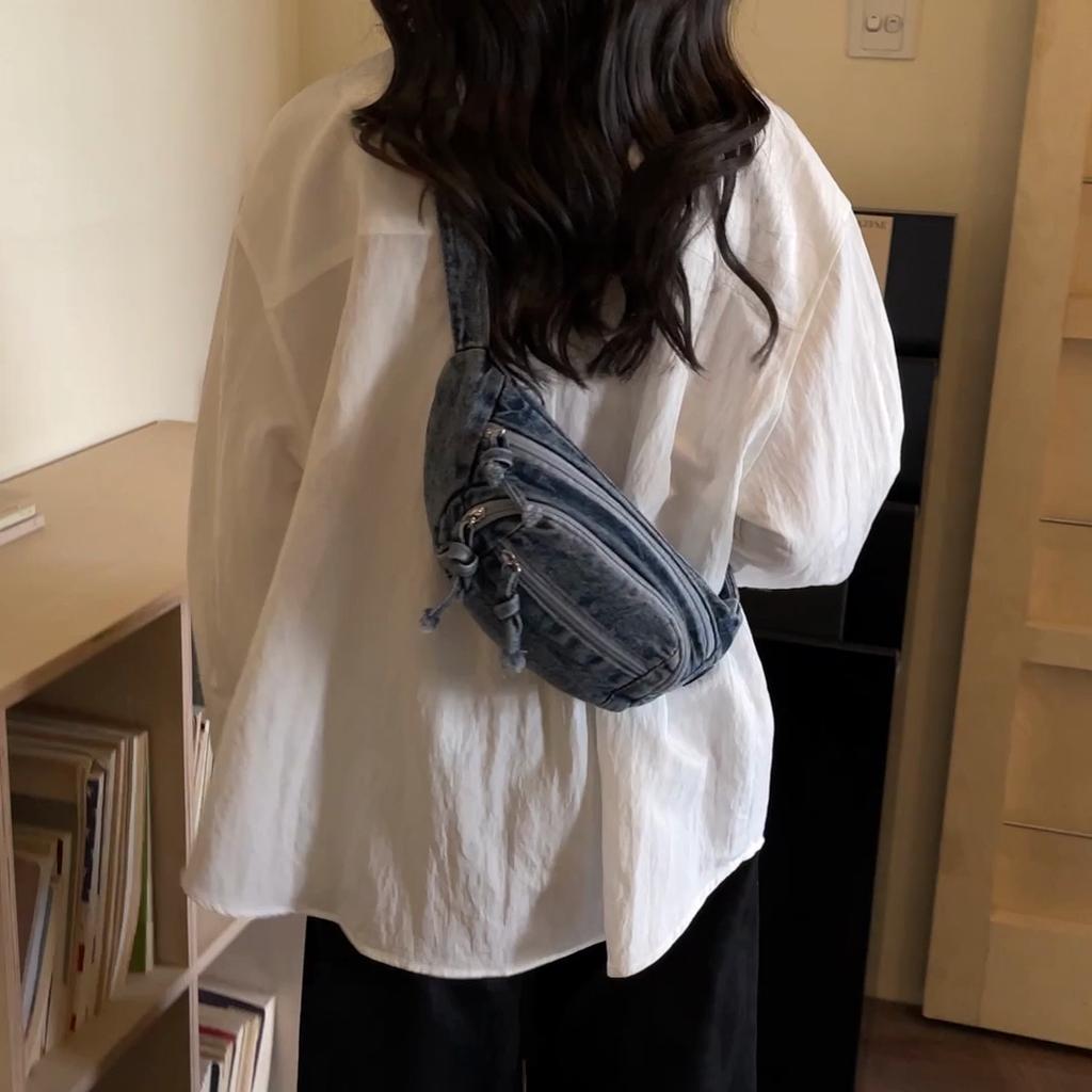 Vintage Denim Chest Bag Women Crossbody Bag Large Capacity Shoulder Bag