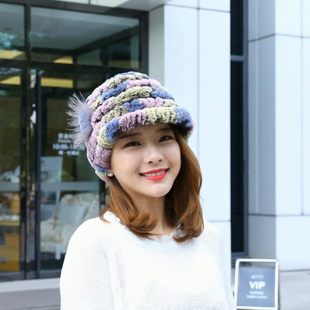 Autumn and Winter Rex Rabbit Fur Duckbill Hat with Rose Side Flower Women's Fox Fur Hat Knitted Warm Thick Fashion Hat with Brim