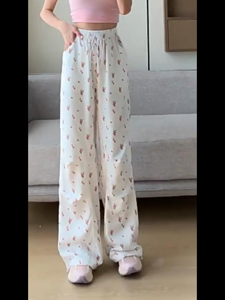 Weiße, geblümte, lockere Yamamoto-Hose für Damen, Sommer, dünne, hohe Taille, gerade, Freizeithose, Joker, schlanke Sporthose mit weitem Bein, Streetwear
