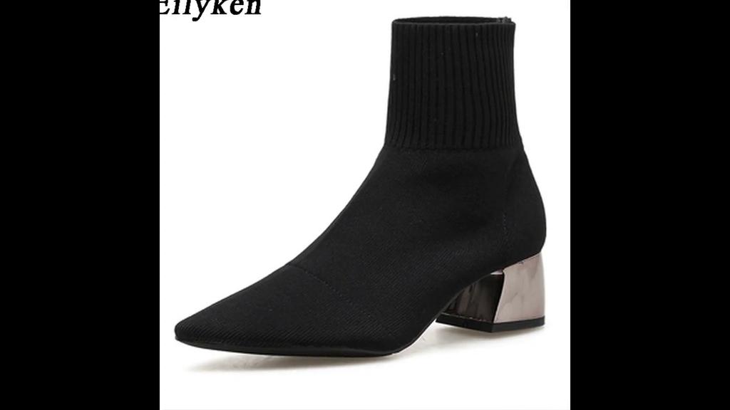 Eilyken Fashion Knitted Stretch Fabric Sewing Women Ankle Boots High Heels Square Heels Winter Pointed Toe Ladies Sock Boots