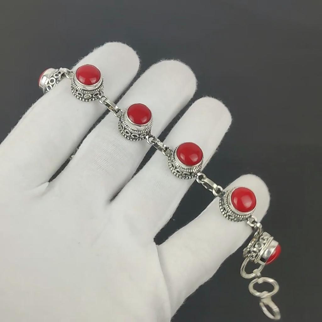 Natural Red Coral Bracelet 925 Sterling Silver Bracelet Adjustable Chain Bracelet Handmade Boho Bracelet Red Coral Gemstone Jewelry Engagement Gifts