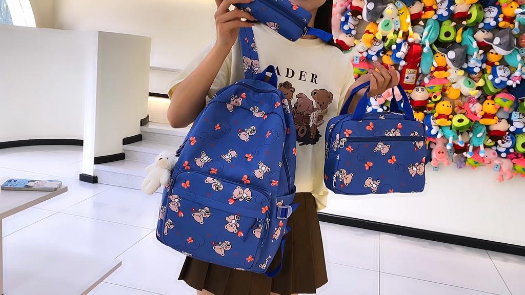 Student Cartoon Backpack Set Female Campus Backpack Lightweight Nylon Three-Piece Schoolbag