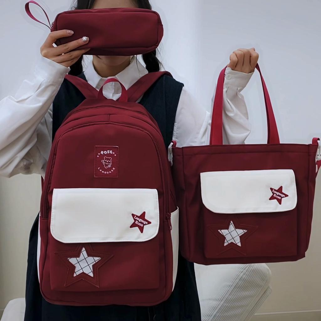 Three-Piece Backpack Set Color Contrast Schoolbag Girls Large Capacity Backpack for Primary and Secondary School Students