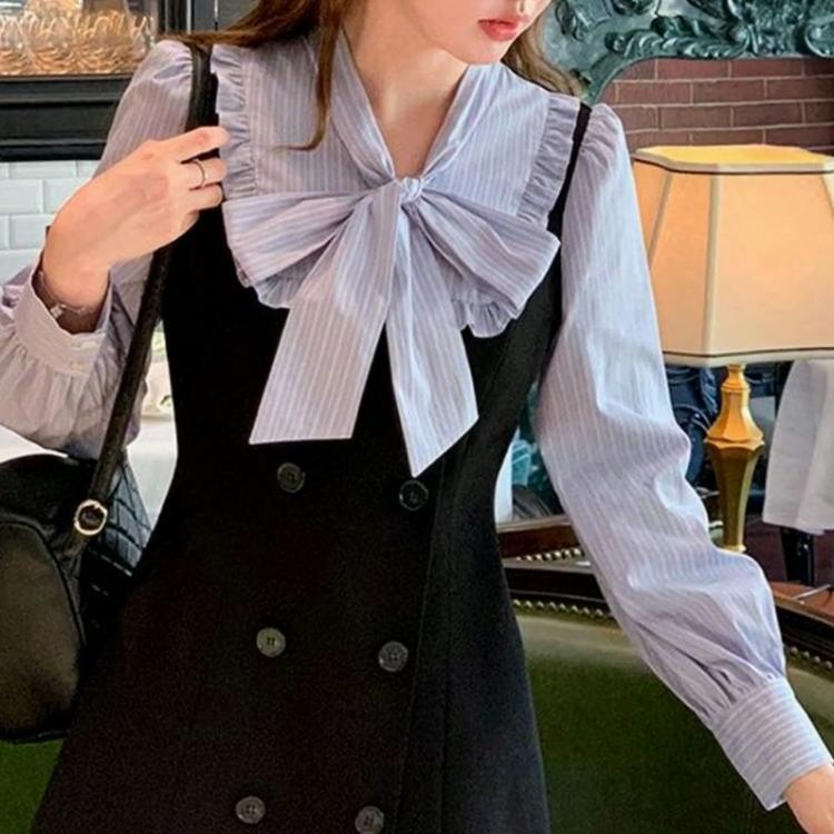 Fake Two Pieces Socialite Dresses Women's Clothing Patchwork Elegant Spring Autumn Scarf Collar Chic Drawstring Bow Mini Dress