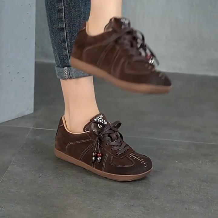 Johnature Flat Lace Up Women's Shoes Genuine Leather Retro Mixed Colors Versatile All Season Shoes