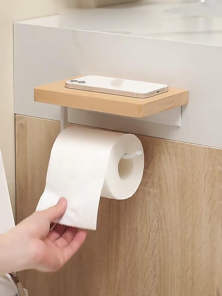 Tissue Rack Strong Bearing Capacity Punch Free Wooden Bathroom Toilet Wall Hanging