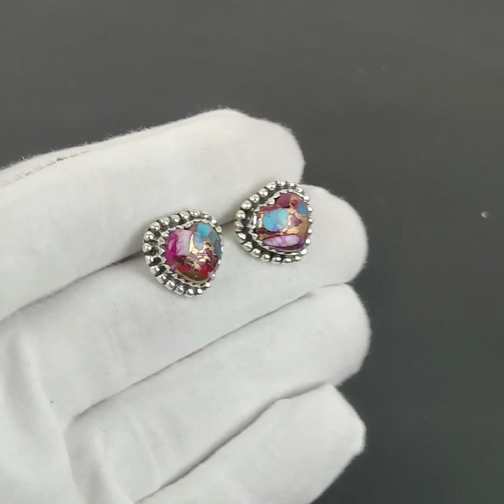 Kingman Spiny Turquoise Earrings | 925 Sterling Silver Stud Earrings | Handmade Gemstone Love Studs Heart Earrings | Boho Jewelry New Year Gift