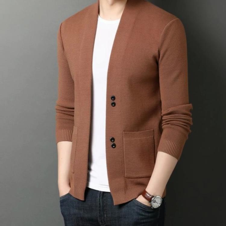 2023 Spring and Autumn Men's Fashion Business Leisure V-neck Long Sleeve Sweater Coat Loose Versatile Solid Color Top