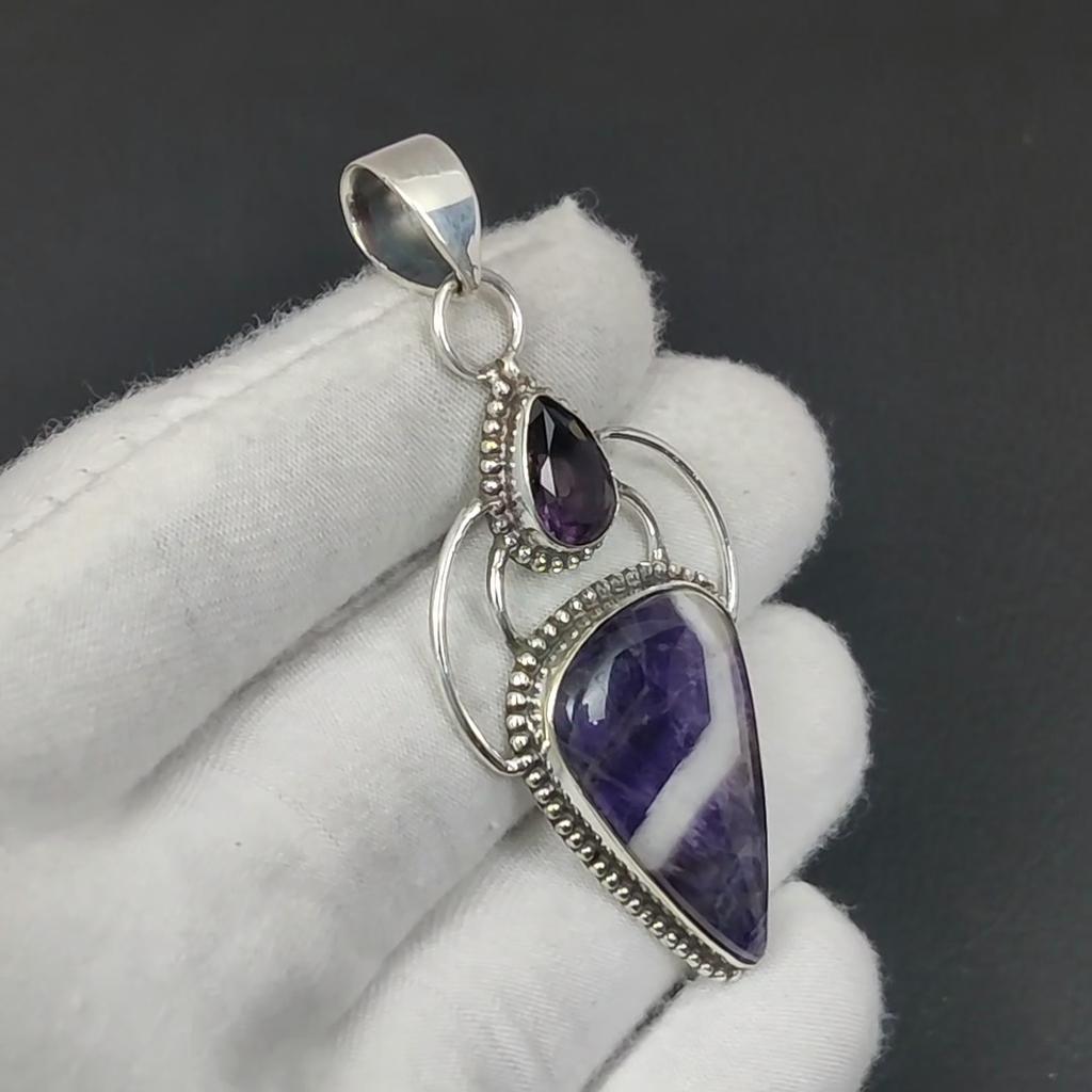 Chevron Amethyst Gemstone Silver Pendant In 925 Sterling Silver- Handmade Design, Everyday Wear Jewelry, Unique Amethyst Pendant Women's Gift