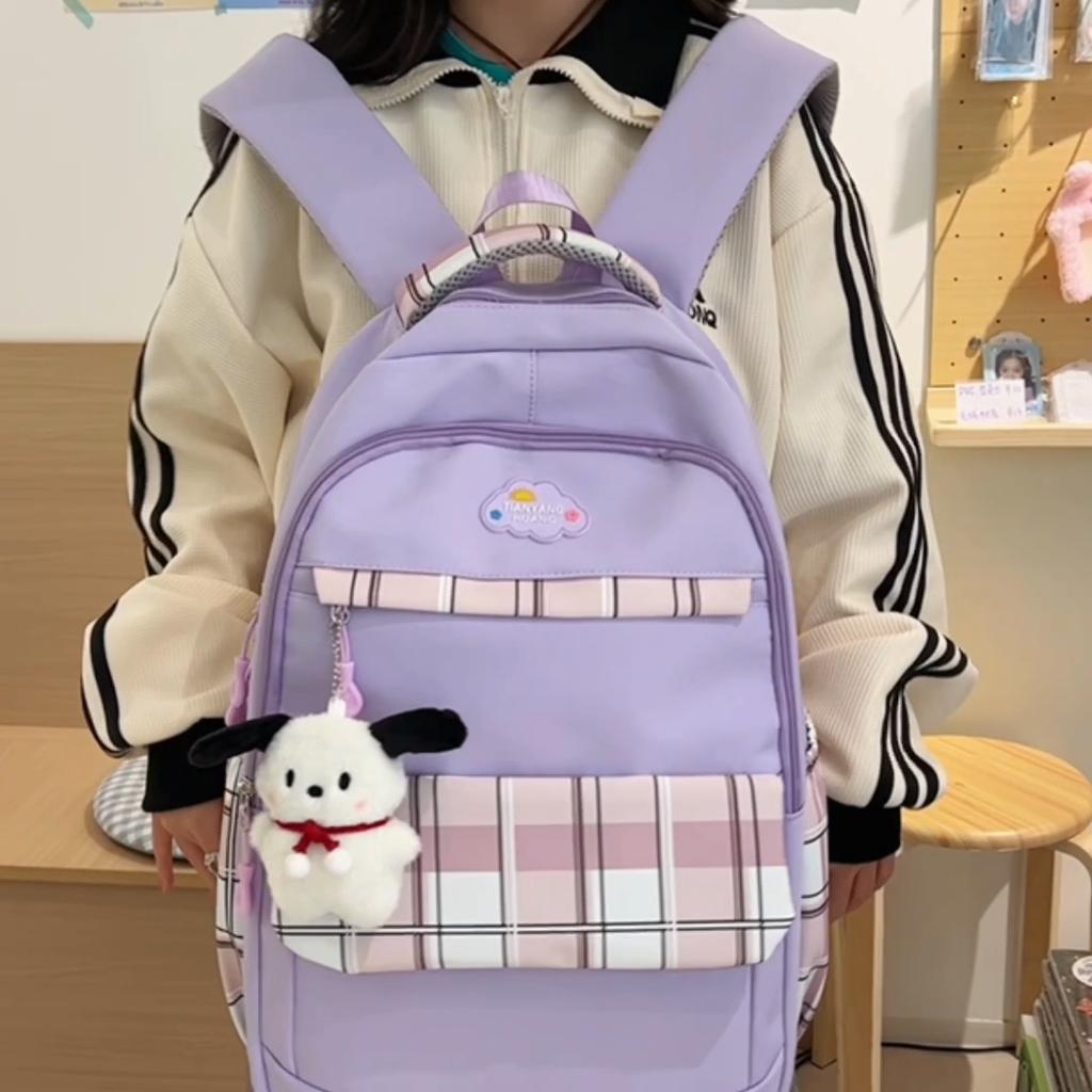 Women Plaid Backpack Color Block Student Schoolbag Large Capacity Travel Backpack for Girls