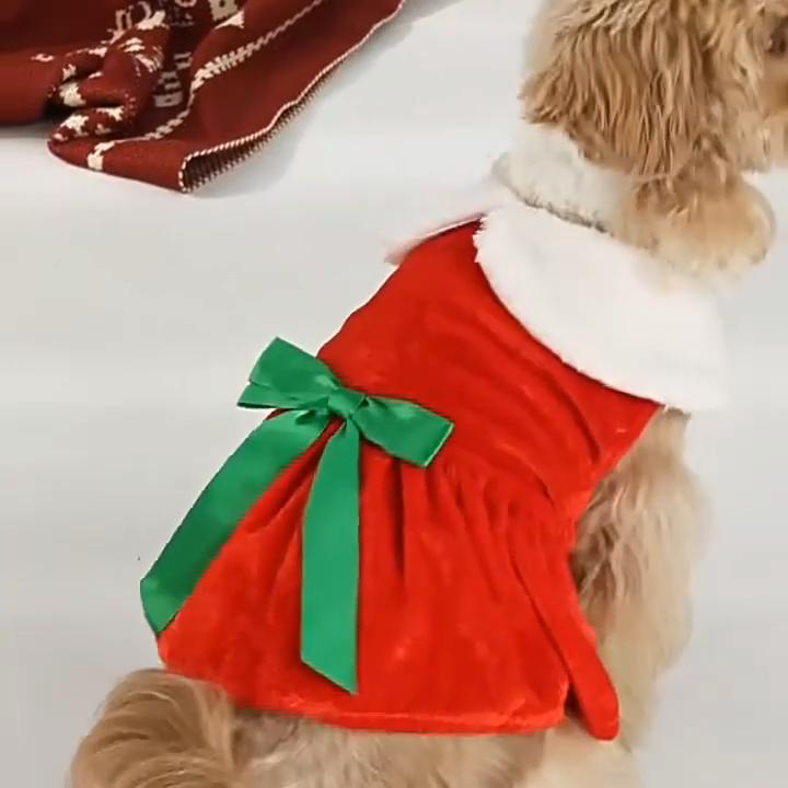 Washable Puppy Outfit for Maltese Christmas Velvet Dog Dress, Red Festive Dress with Fleece Collar, Cute Sleeveless Clothing Small Pets Cozy