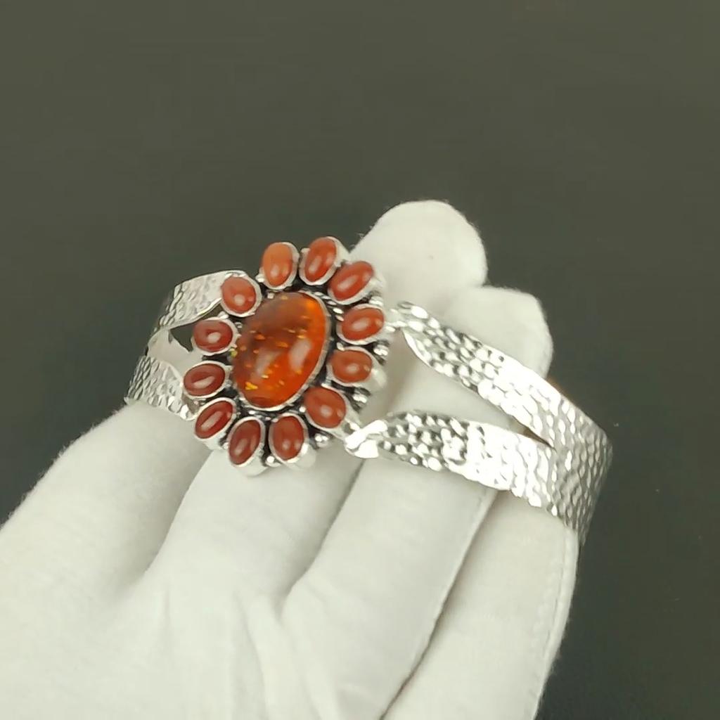 Natürlicher Karneol Edelstein Handgefertigter Armreif 925 Sterlingsilber Armreif, Baltischer Bernstein Blütenform Armband Für Ehefrau, Unisex Armreif, Geschenk