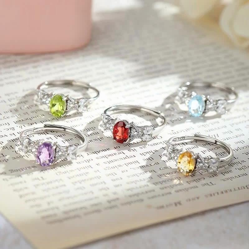 S925 Sterling Silver Natural Stone Ring for Women, Japanese Style Elegant Crystal Band, Adjustable Dainty Jewelry, Daily Wear & Gift for Girlfriend
