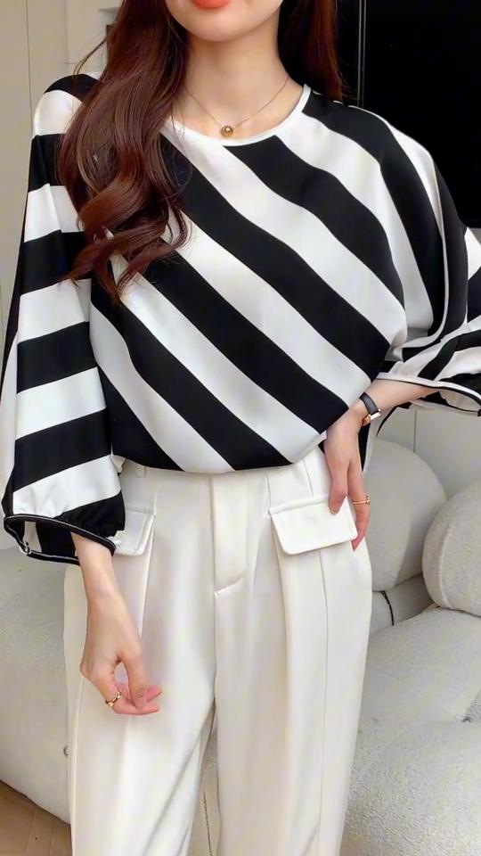 MODIQUE Frühling Sommer Übergröße Damen Casual Loose Elegant Baumwolle Seide Streifendruck Bluse T-Shirts Lady Fashion Oversize O-Ausschnitt Langarm Pullover