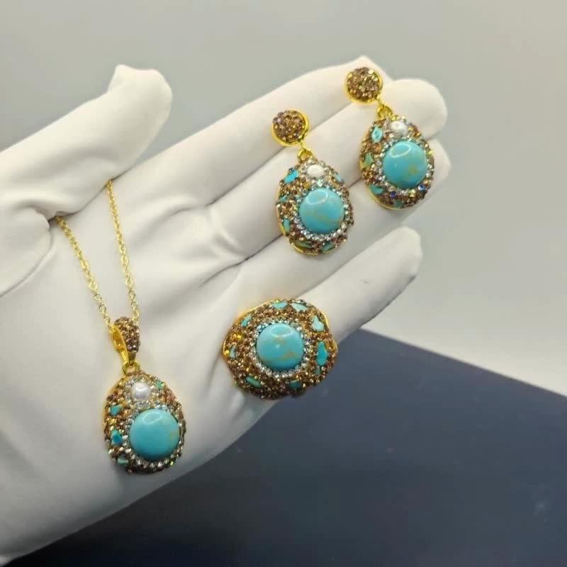 Natural turquoise pearl earrings three-piece set niche design high-end inlaid rough stone necklace jewelry set women