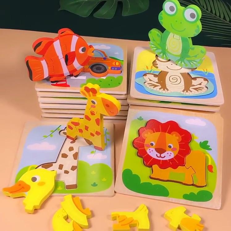 Wooden Children's Toy Cartoon 3D Puzzle Training Concentration Early Education Building Blocks Animal Matching Puzzle 3D