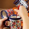 Bohemian Floral Ceramic Mug, Vintage Style Red Blue Flower Coffee Cup for Home & Gift
