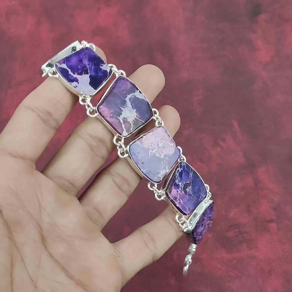 Purple Sea Sediment 925 Solid Sterling Silver Bracelet with Adjustable Chain, Handmade Gemstone Designer Jewelry Bracelet