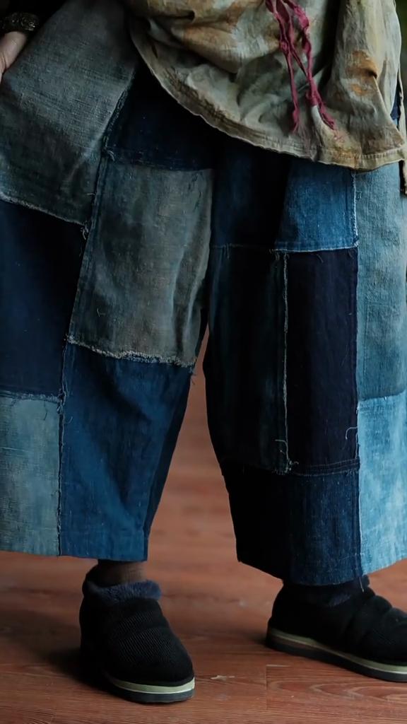Johnature Dámské modré patchworkové kalhoty s širokými nohavicemi, elastickým pasem, jarní kalhoty, volné vintage kalhoty ke lýtkům