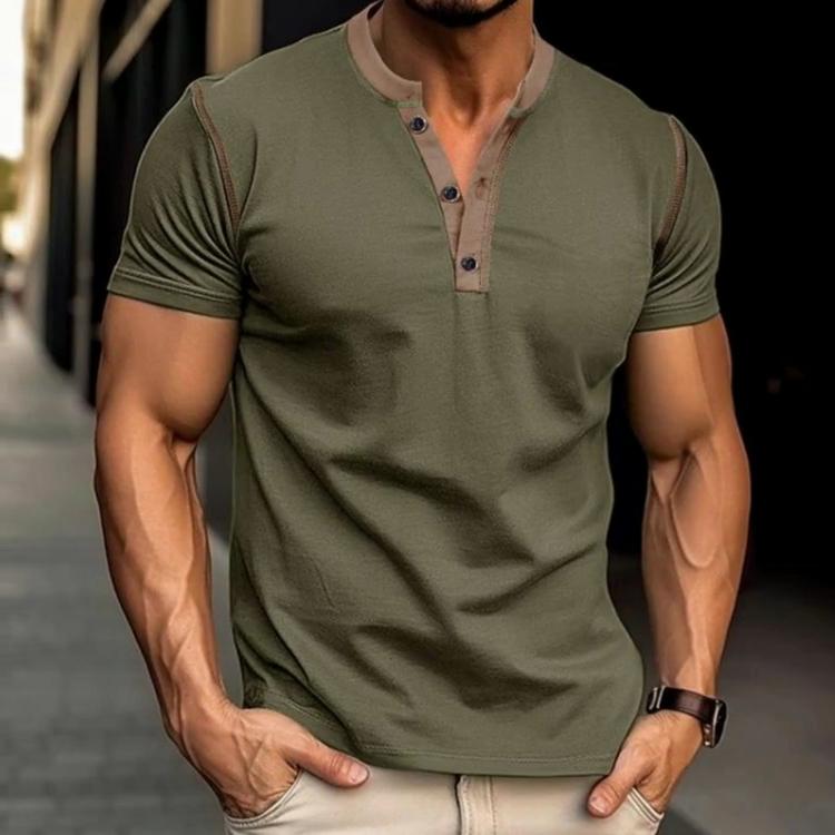 Business Casual Sommer Neu Herren O-Ausschnitt Knopf Kontrastfarbe Dünner Stil High Street Mode Büro Soziales Kurzarm Tops