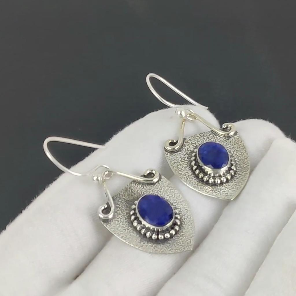 Cercei frumoși cu pietre prețioase de safir albastru, cercei din argint 925, bijuterii boho lucrate manual din argint, cadou de Paște