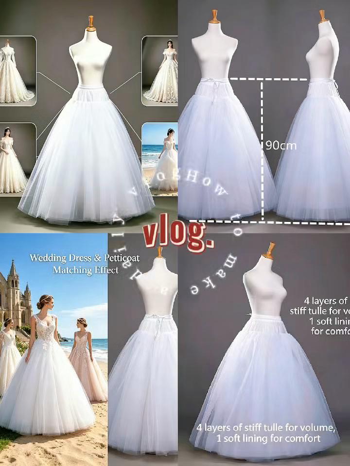 White 4-layers Design No Hoop Petticoat Fluffy Wedding Dress Crinoline Bridal Ball Gown Underskirt Ladies Lined Skirt Party Dress Role-playing Lining
