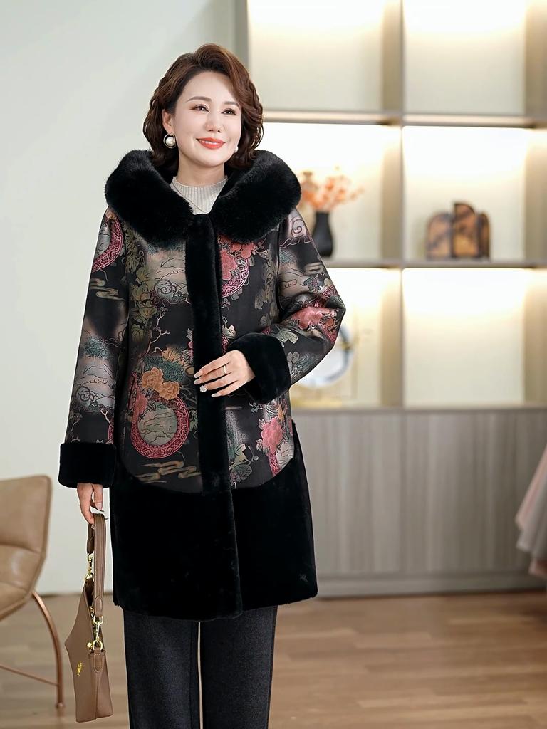 Nositelný z obou stran Dámský dlouhý kabát z umělé kožešiny pro ženy středního věku ve velkých velikostech Zimní svrchní oděv s kapucí Elegantní Hřejivá silná kožešinová bunda pro ženy Oblečení