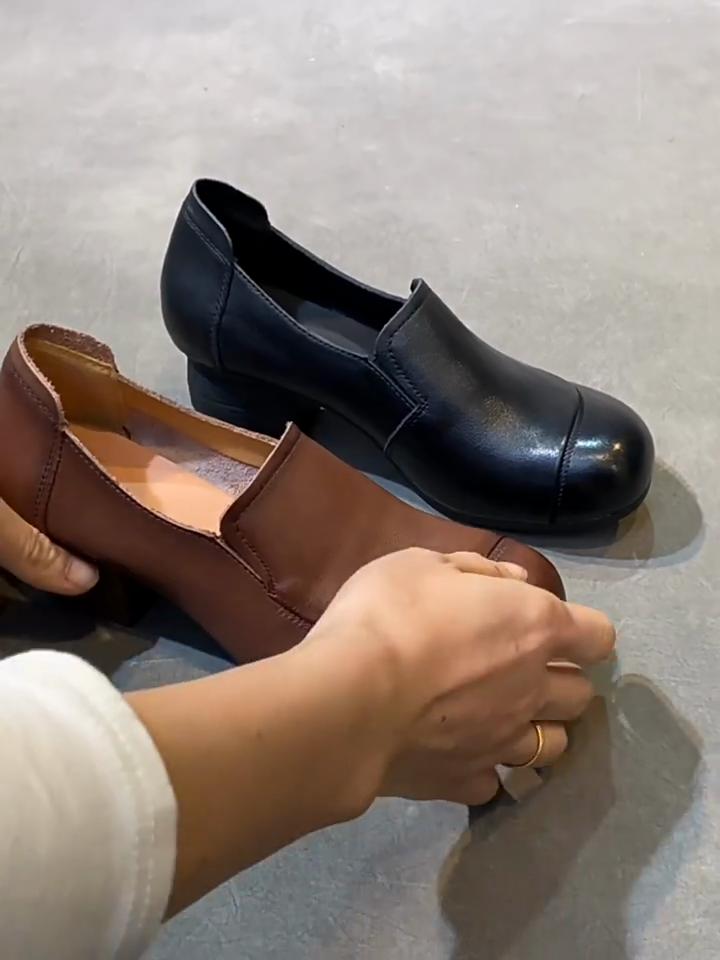Johnature Genuine Leather Solid Color Thick Heeled Pumps Retro Versatile Round Toe Women's Shoes