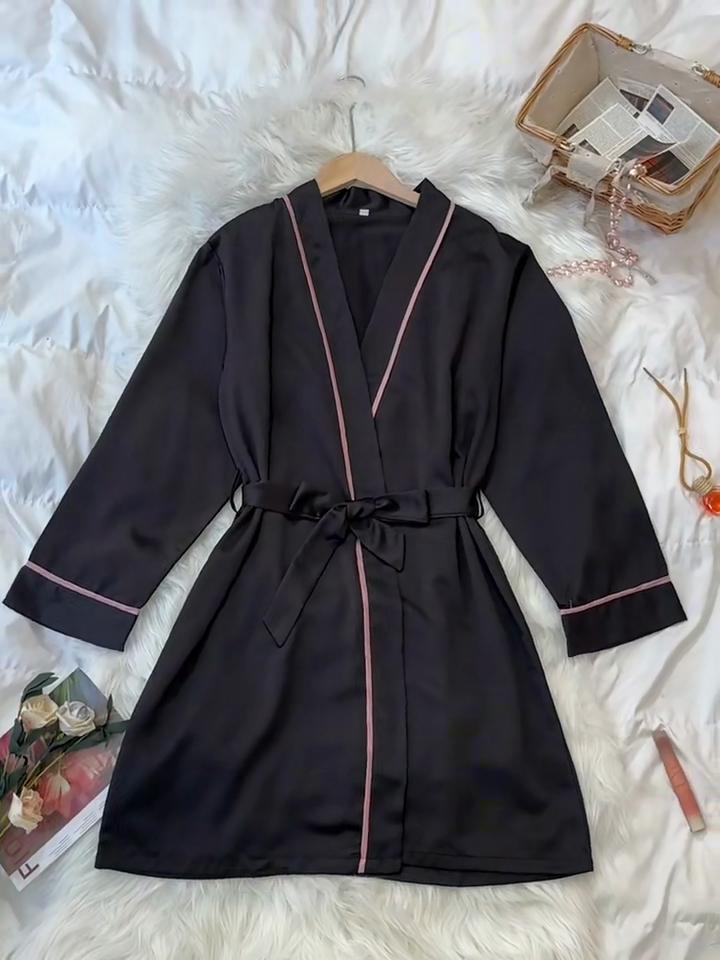 Simple Satin Night Robe Elegant V Neck Long Sleeve House Robe with Belt  Women's Sleepwear