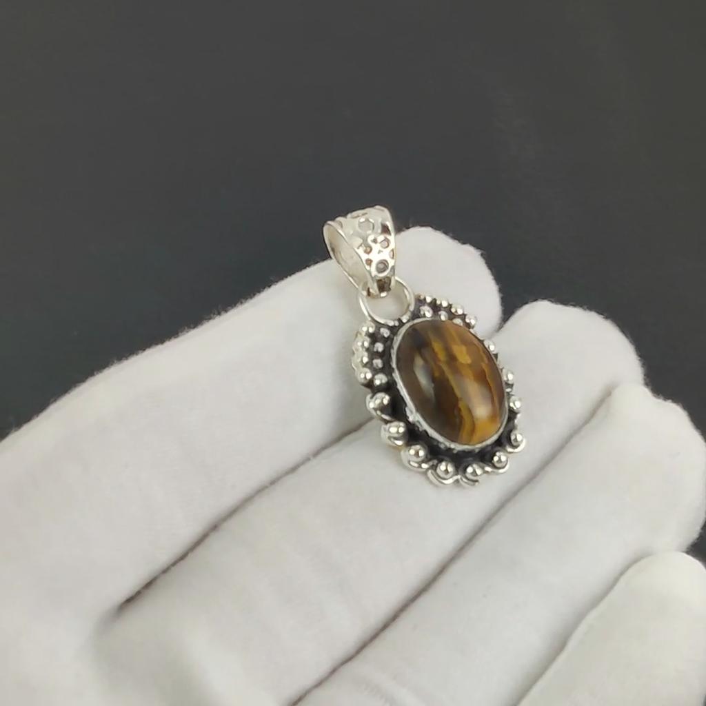 Natural Tiger Eye Gemstone Silver Pendant in 925 Sterling Silver- Handmade Design, Everyday Wear Jewelry, Unique Pendant Party Wear Gift