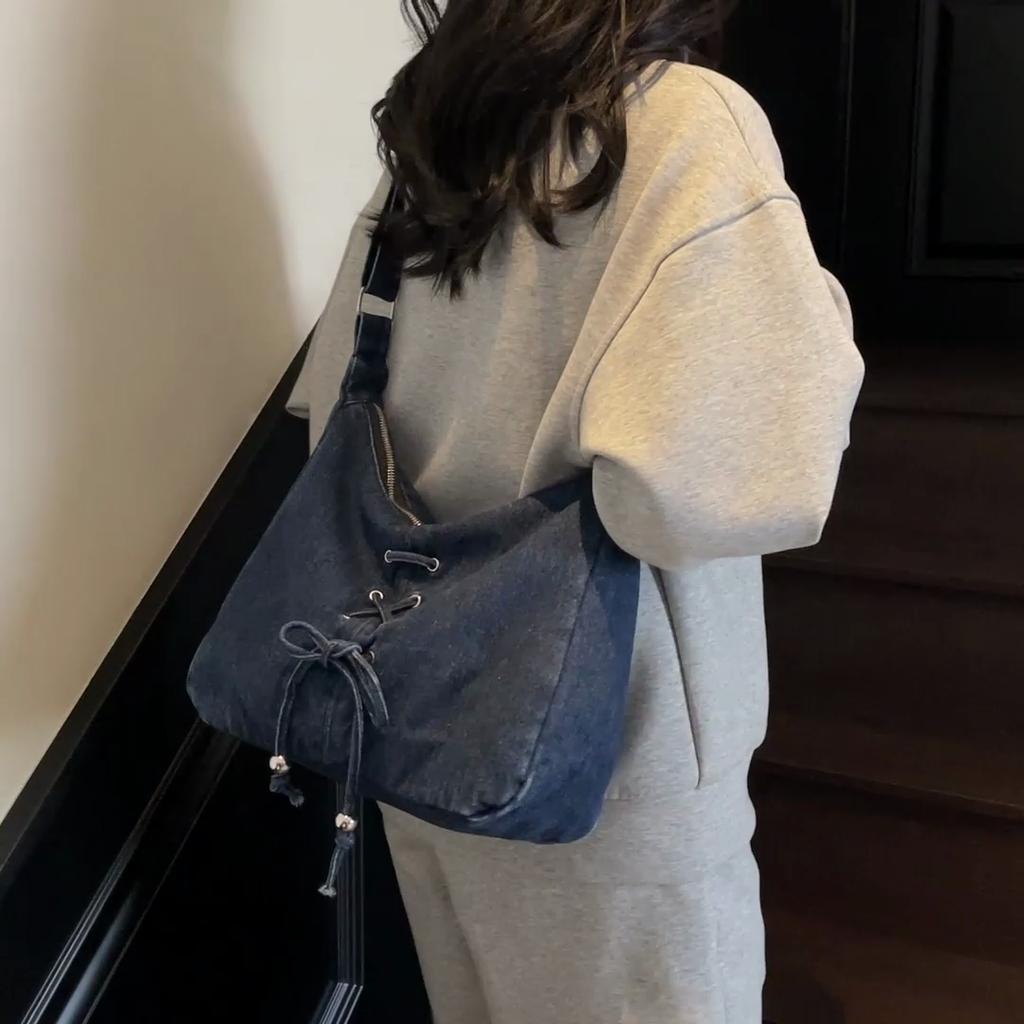 Denim Crossbody Bag Women's Bow Shoulder Bag Commuter Underarm Bag