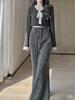 Elegant Fashion Autumn Winter Women Flare Pants High Waist Black Gray Polka Dot Knitted Trousers Feminine Ruffles Sweet Knitting Pants
