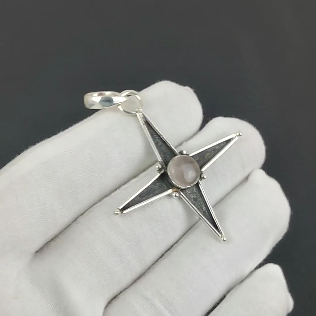 Natural Rose Quartz Gemstone Silver Pendant In 925 Sterling Silver - Handmade Star Design, Everyday Wear Jewelry, Unique Designs Pendant Gift