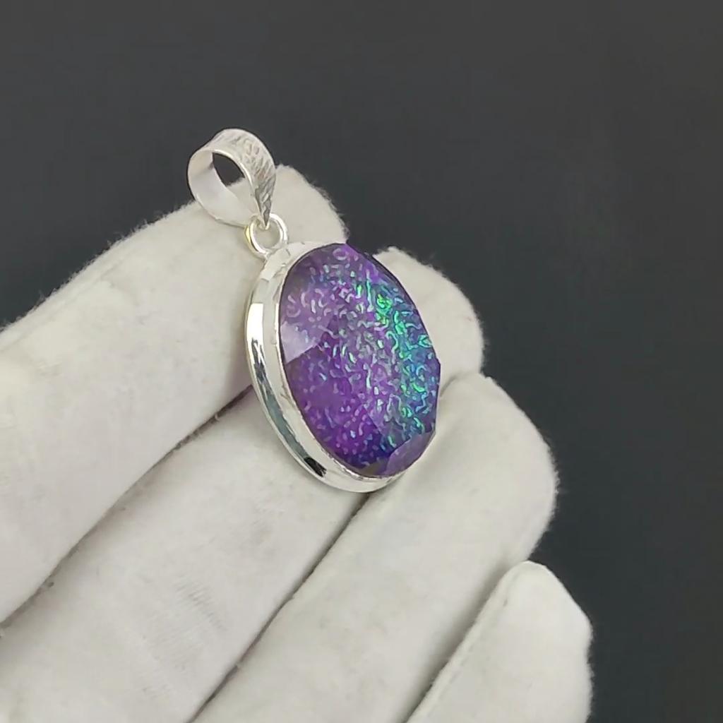 Dainty Purple Fire Opal Gemstone Silver Pendant in 925 Sterling Silver - Handmade Pear Design, Everyday Wear Jewelry Engagement Gift