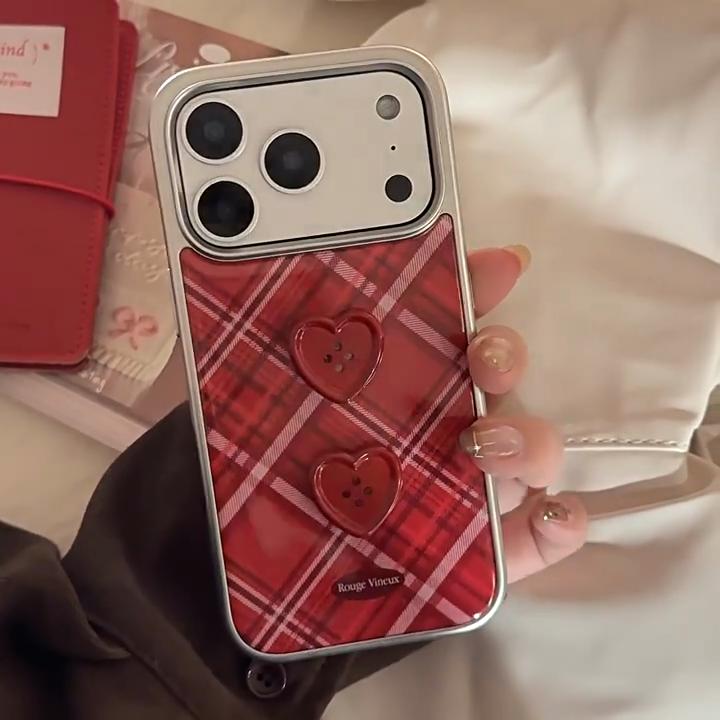 Retro Wine Red Grid Pattern Stereoscopic Love Button Shock Proof Phone Cover Case for iPhone 17 16 15 14 13 12 Pro Max Plus Air