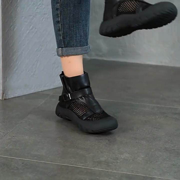 Johnature Retro Round Toe Breathable Mesh Summer Boots Genuine Leather Thick Soled Women's Sandals