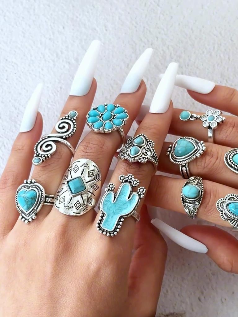 Cross Border Bohemian Style Imitation Turquoise Cross Lightning Ring Women's Jewelry Ethnic Style Geometric Carved Ring Set