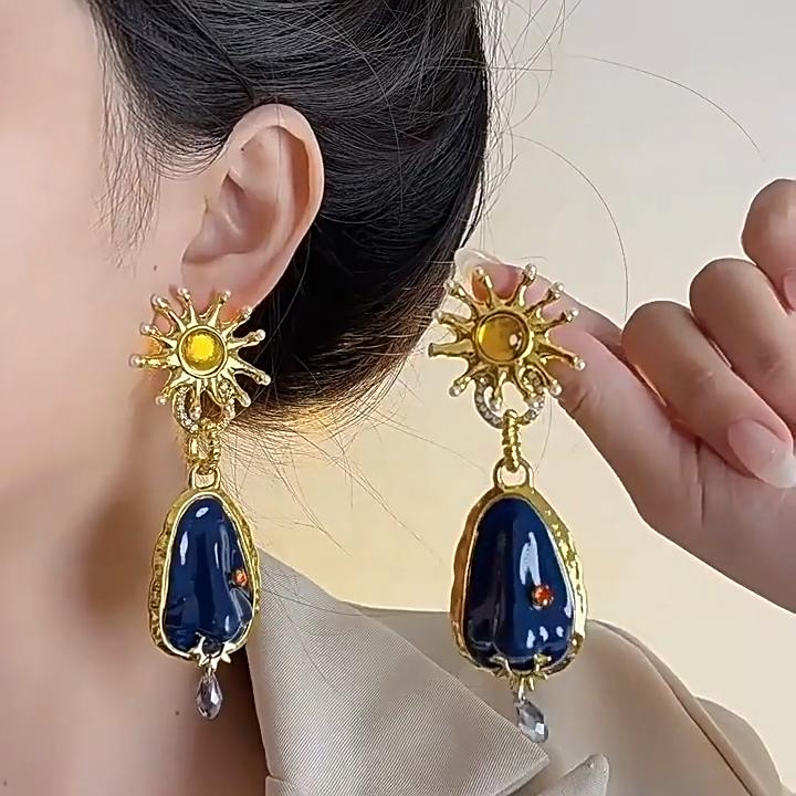 Exaggerated Blue Stone Water Drop Dangle Earrings for Women Jewelry Baroque Style Party Show Statement Earrings Accessories