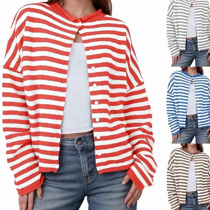 Women's Striped Contrasting Sweater for Autumn and Winter, Long Sleeved Casual Cardigan
