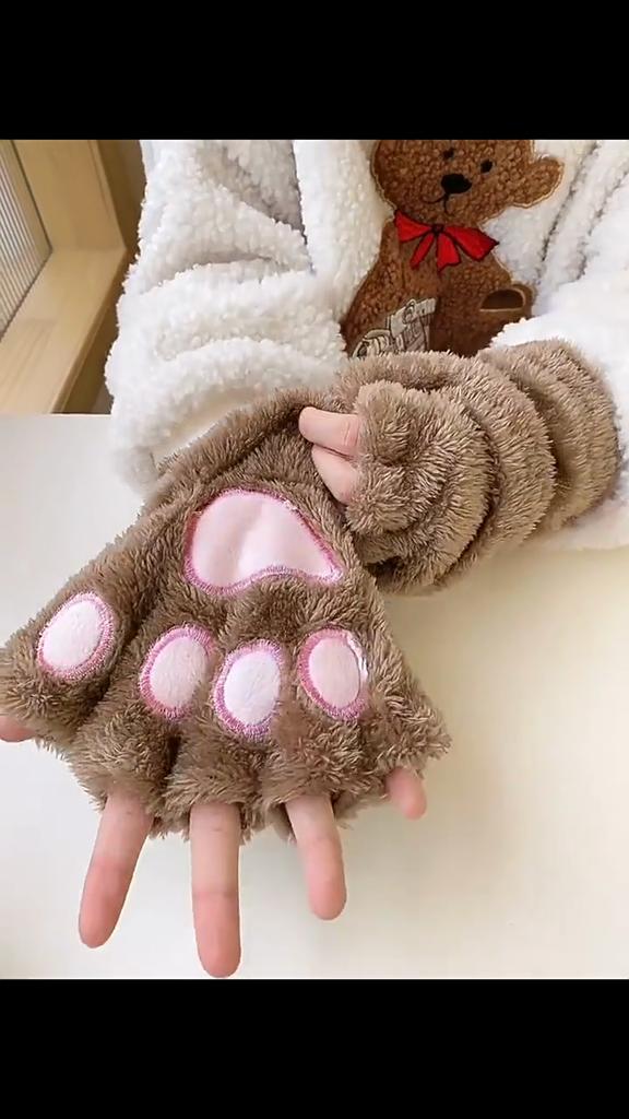 Guanti a mezze dita con artigli di gatto per ragazze, guanti invernali carini e caldi, guanti invernali in peluche ispessiti a cinque dita
