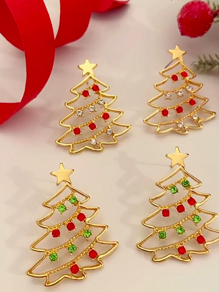 Colorful Zircon Christmas Tree Earrings Sparkling Drop Dangle Party Festive Jewelry Holiday Gift Accessories for Women