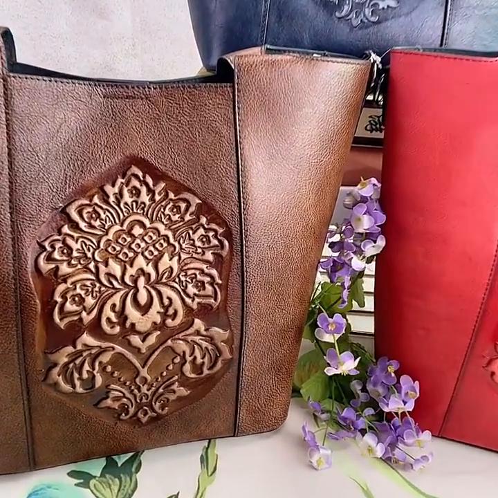 Johnature Retro Luxury Handbags Women Bucket Bag Vintage Large Capacity Floral Cowhide Handmade Embossing Shoulder Bags