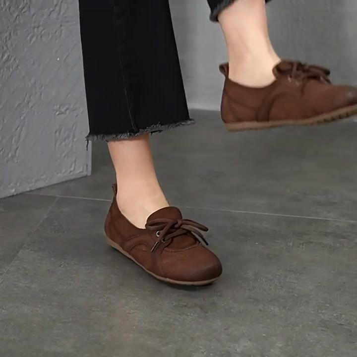 Johnature Genuine Leather Soft Soled Loafers Casual Comfortable Round Toe Lace Up Women's Flat Shoes