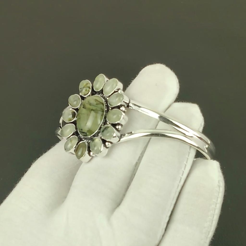 Natural Prehnite Gemstone Handmade Cuff Bangle 925 Sterling Silver Cuff Bangle, Prehnite Flower Shape Bracelet For Wife, Unisex Bangle Gifts