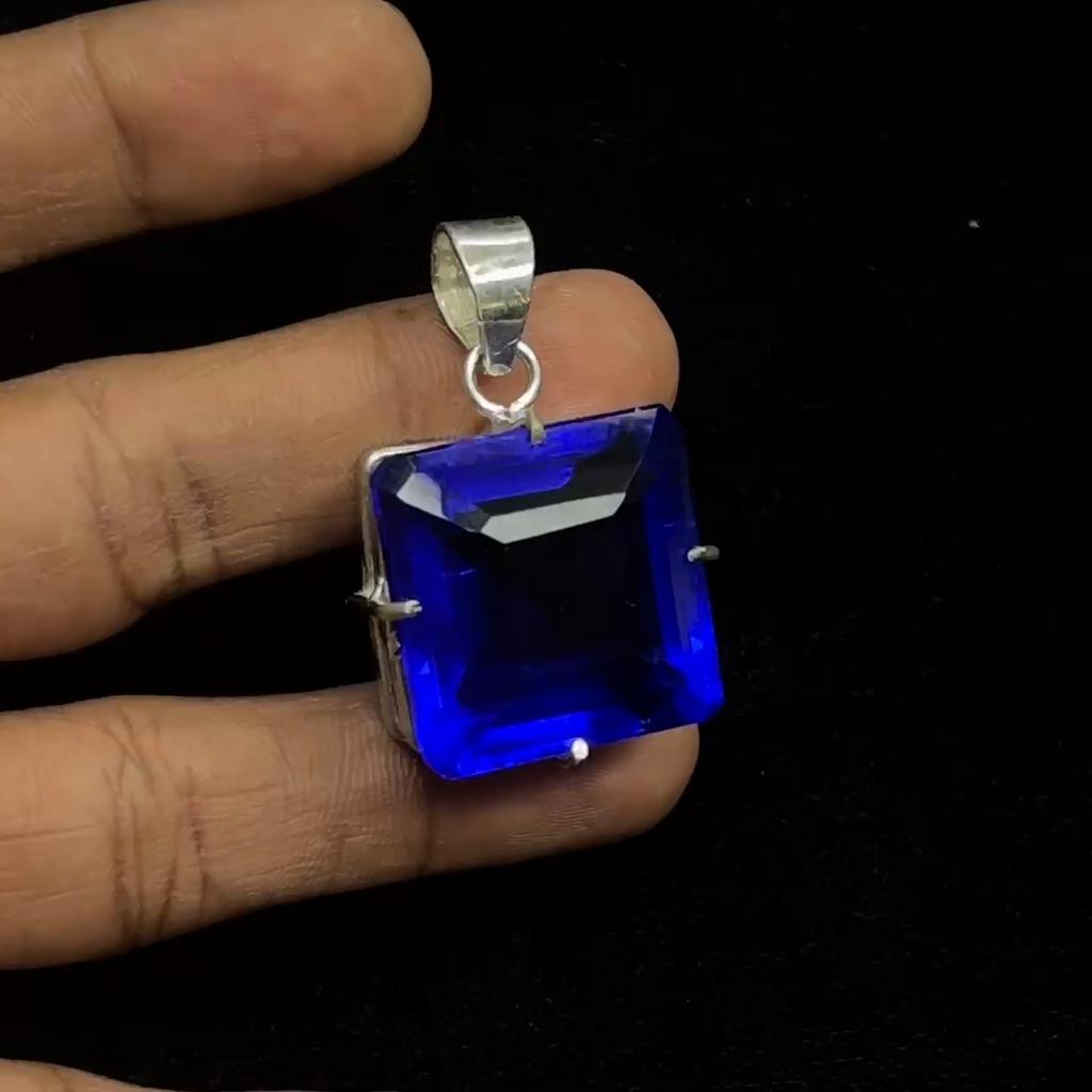 92.4 Ct Natural Blue Topaz Pendant 925 Sterling Silver Square Gemstone CERTIFIED My-358-k