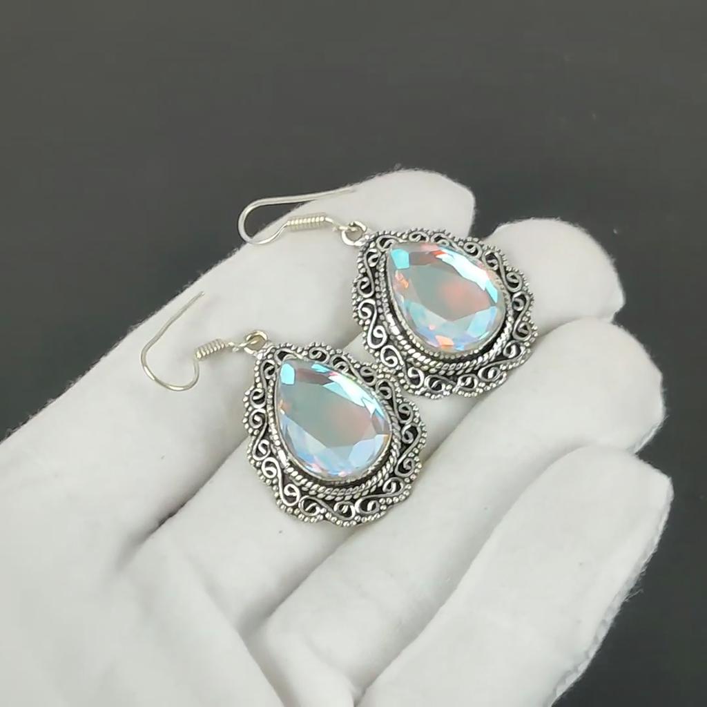 Mystic Topaz Gemstone Earrings, 925 Sterling Silver Earrings, Silver Earrings For Gift, Mystic Topaz Dangle Drop Earrings For Christmas Day Gifts