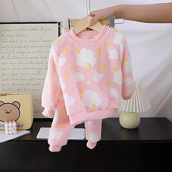 Kids Pajamas Set Winter Boys Girls Fleece Thickened Flannel Warm Baby Loungewear Children Sleepwear