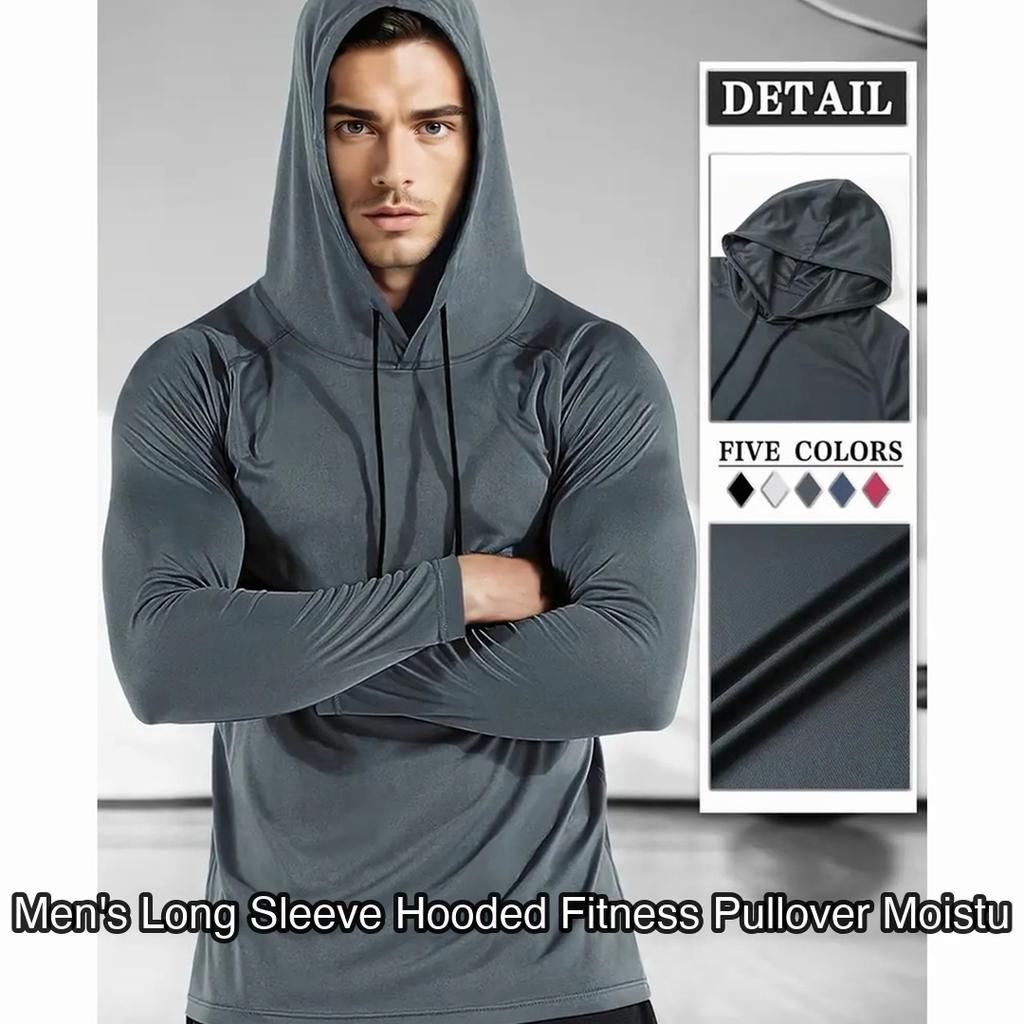Men's Long Sleeve Hooded Fitness Pullover Moisture Wicking Quick Dry Athletic Gym Training Top, Gray