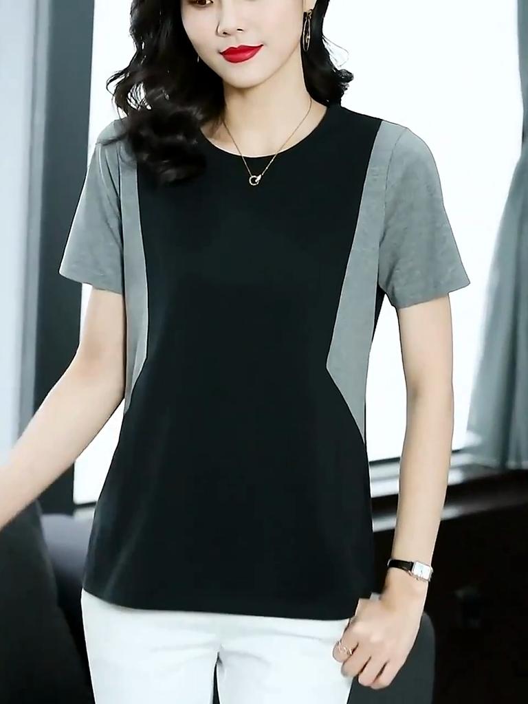Pure Cotton Summer Mother's Short-sleeved Patchwork Style Mid-to-large Size Round Neck Loose Women's T-shirt Top