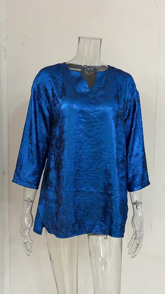 Women's Large Size T-shirt Spring and Summer Seven Quarter Sleeve Shiny Loose Casual Female T-shirt Fashion V-neck Solid Color Office Ladies Tee Tops